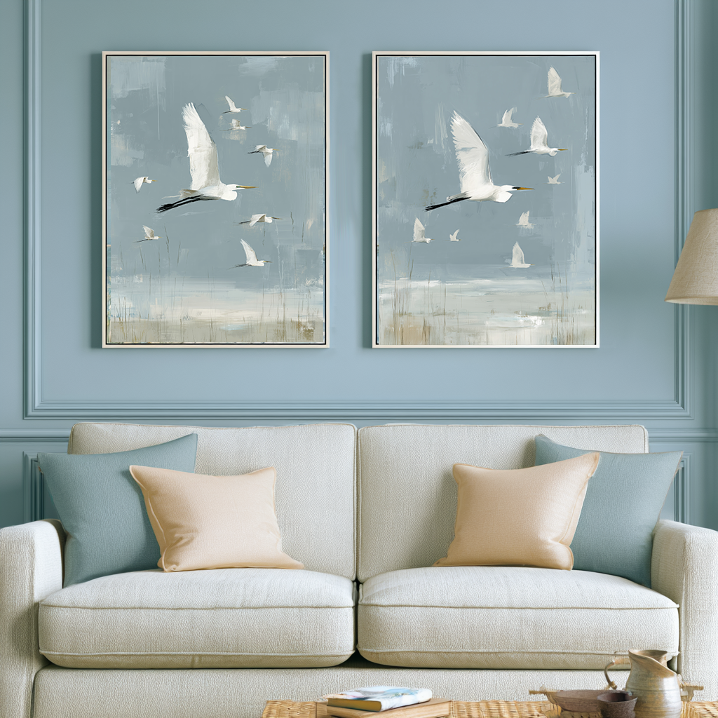 heron painting set over cream couch