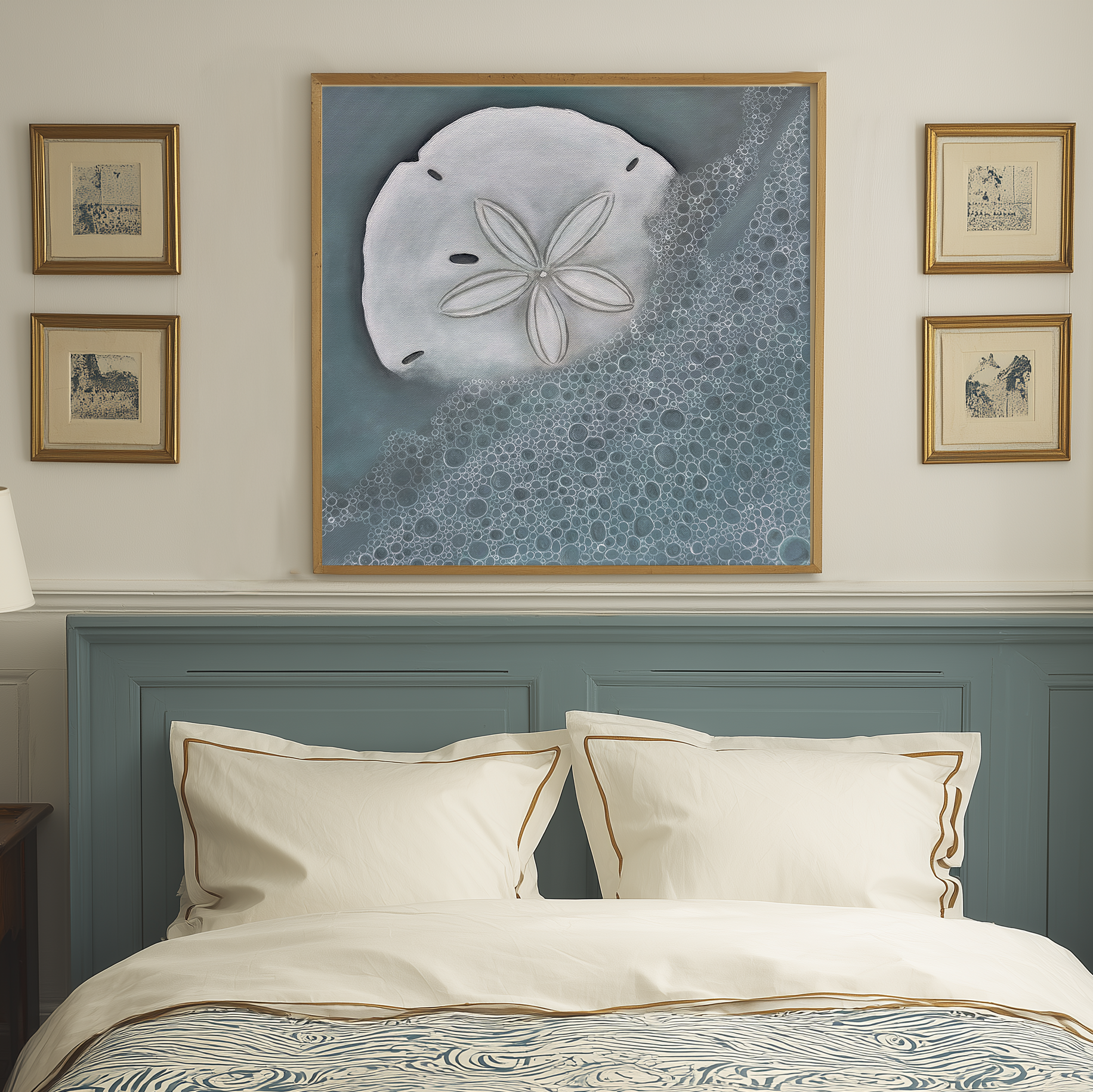 sand dollar shell over a bed, verilucent collection tidal relics