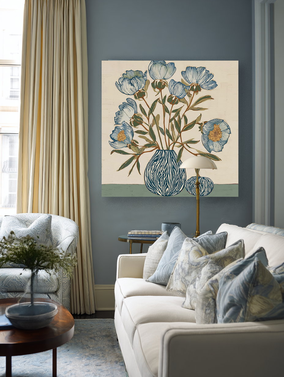 Indigo Block Study IV lifestyle mockup – square botanical print in a styled living room