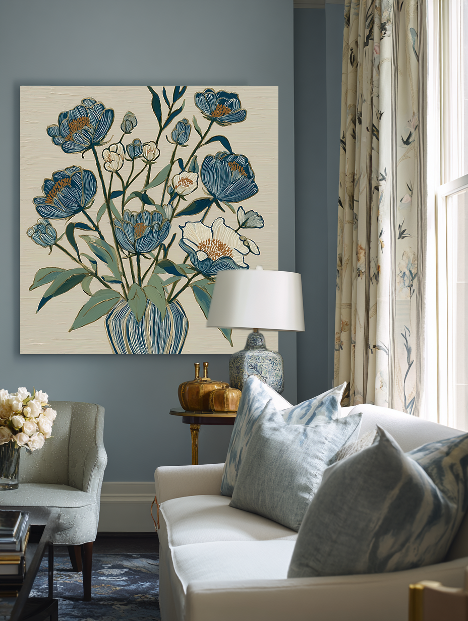 Indigo Block Study III lifestyle mockup – square botanical print in a styled living room