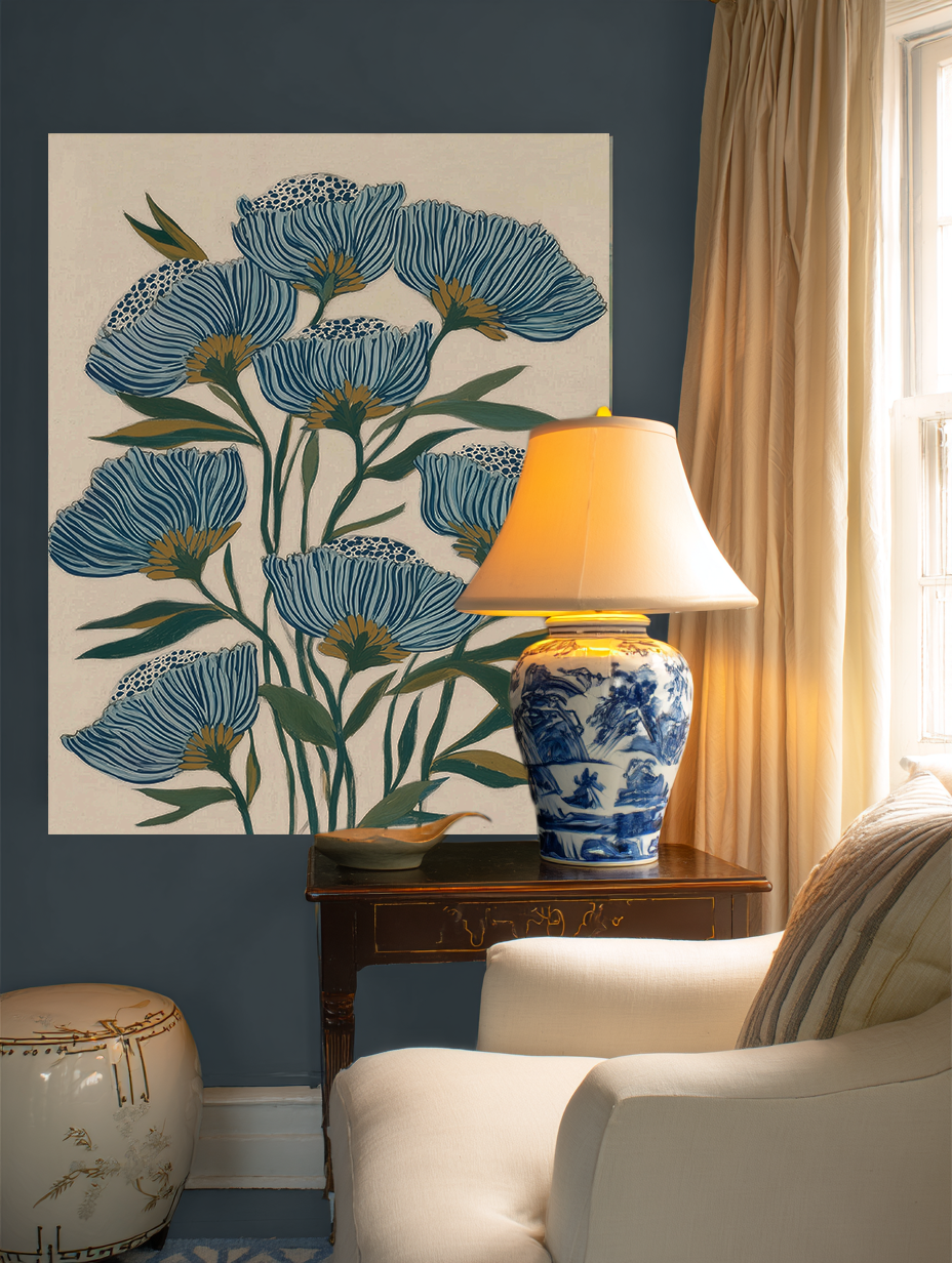 Indigo Block Study II lifestyle mockup – framed botanical print in a styled interior