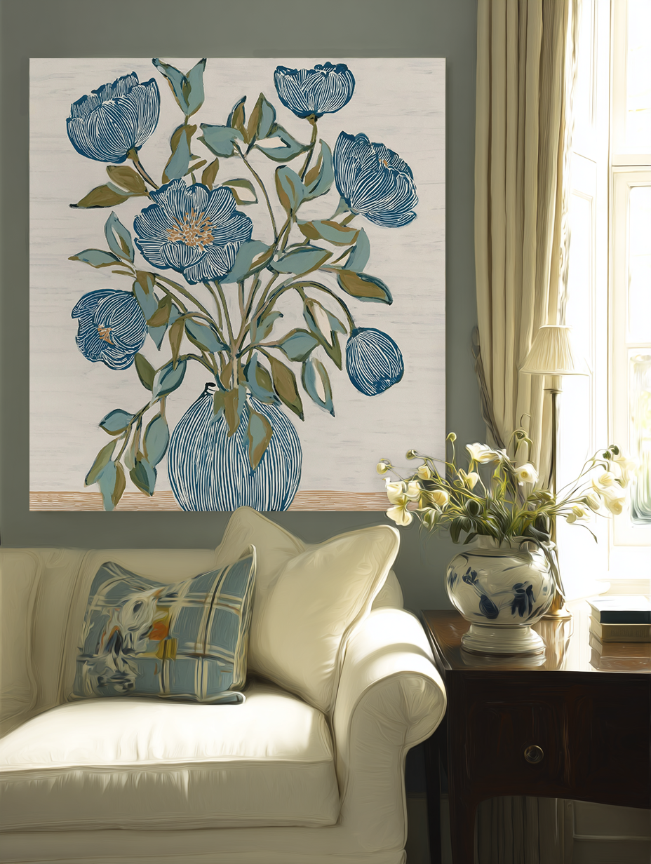 Linen & Lapis Vase lifestyle mockup – framed still life print in a styled interior