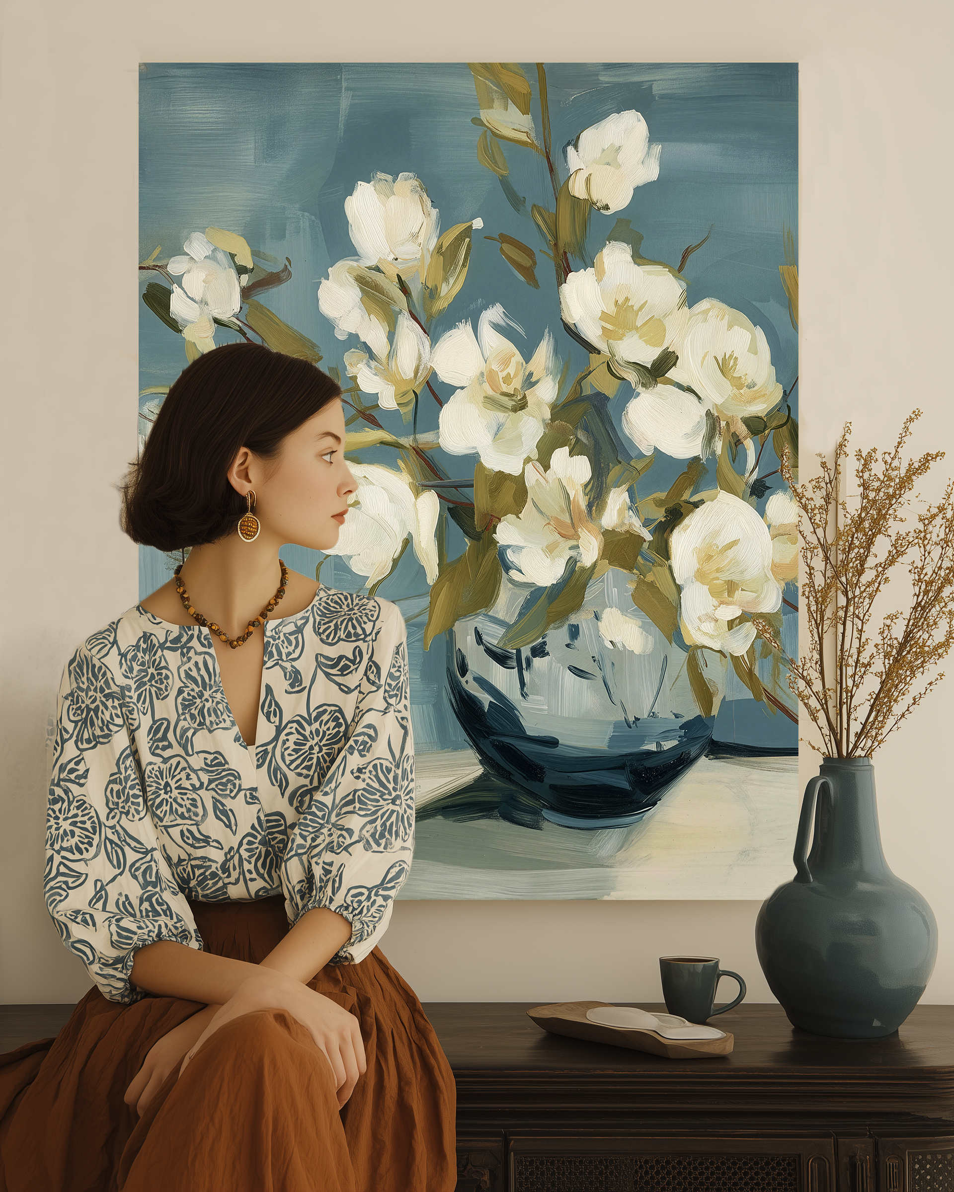 Salt Washed Bloom I lifestyle mockup – framed floral print in a styled coastal living room