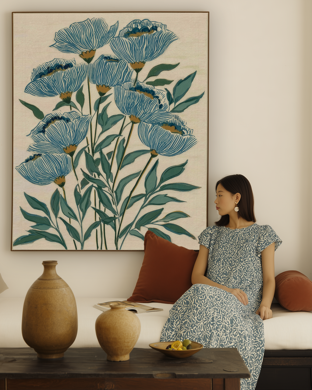 Indigo Block Study I lifestyle mockup – framed botanical print displayed in a curated living room