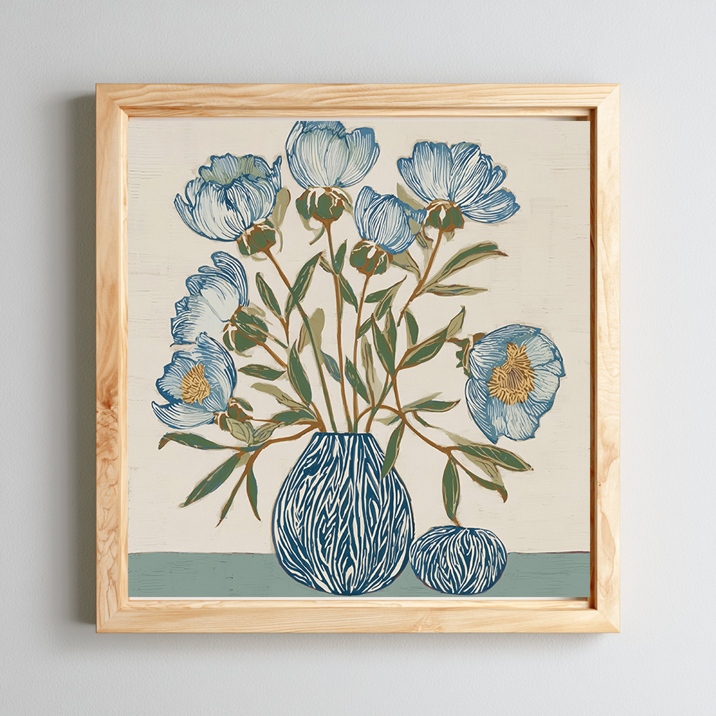 Indigo Block Study IV natural frame mockup – botanical print in a wooden frame