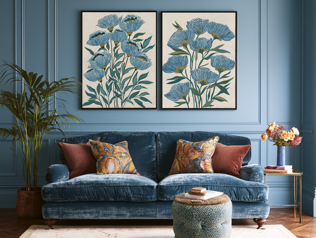Indigo Block Study I and II set mockup – pair of indigo botanical prints displayed together