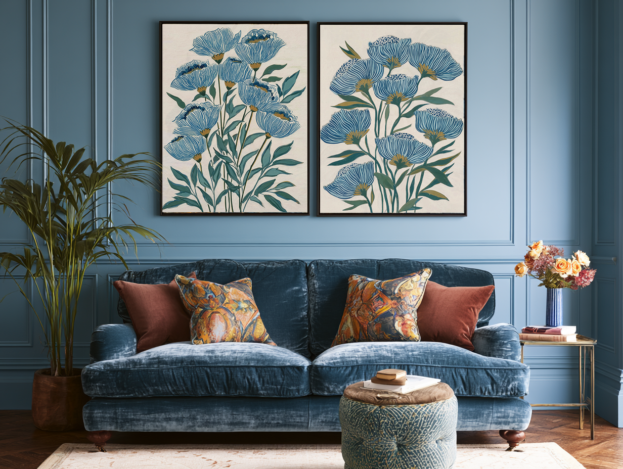 Indigo Block Study I and II set mockup – pair of indigo botanical prints displayed together