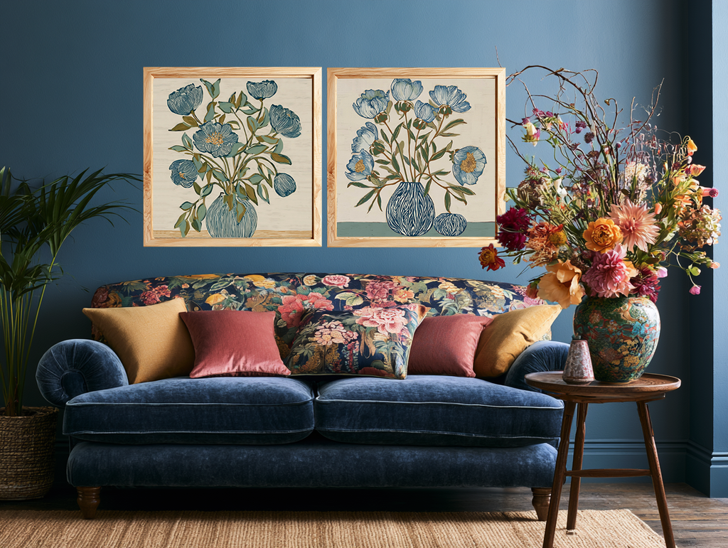 Linen & Lapis Vase set mockup – botanical print displayed with Indigo Block Studies