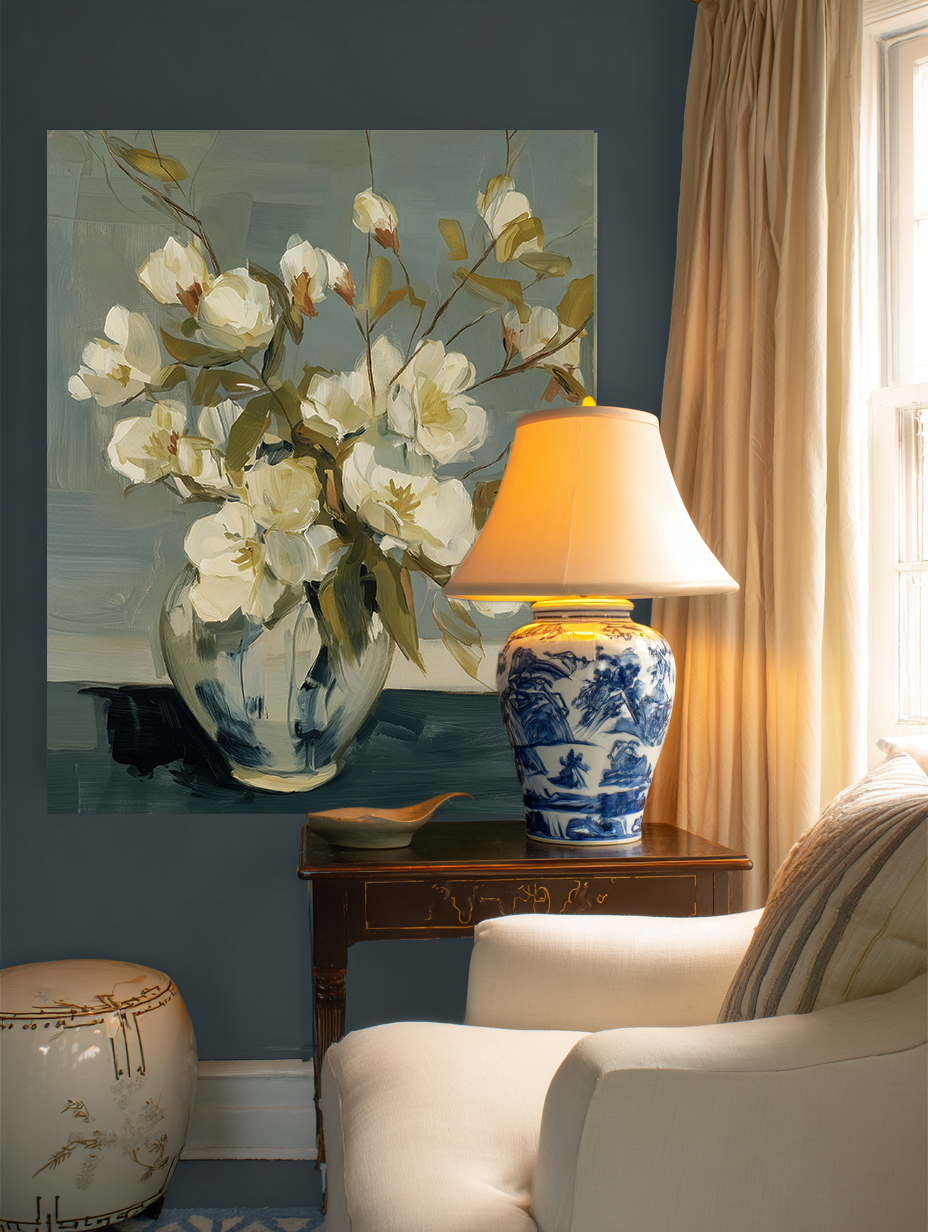 Salt Washed Bloom III wall mockup – indigo floral print displayed in a curated room
