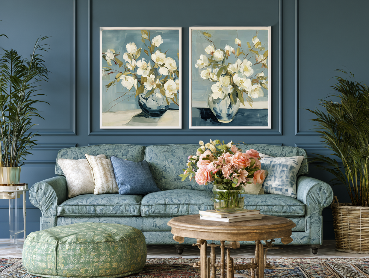 Salt Washed Bloom I and III set mockup – pair of indigo botanical prints displayed together