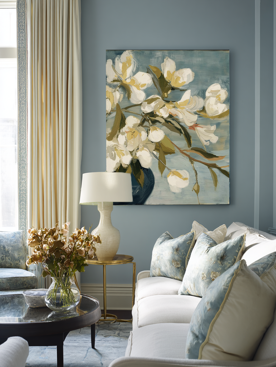 Salt Washed Bloom II lifestyle mockup 2 – botanical print in a styled coastal living room