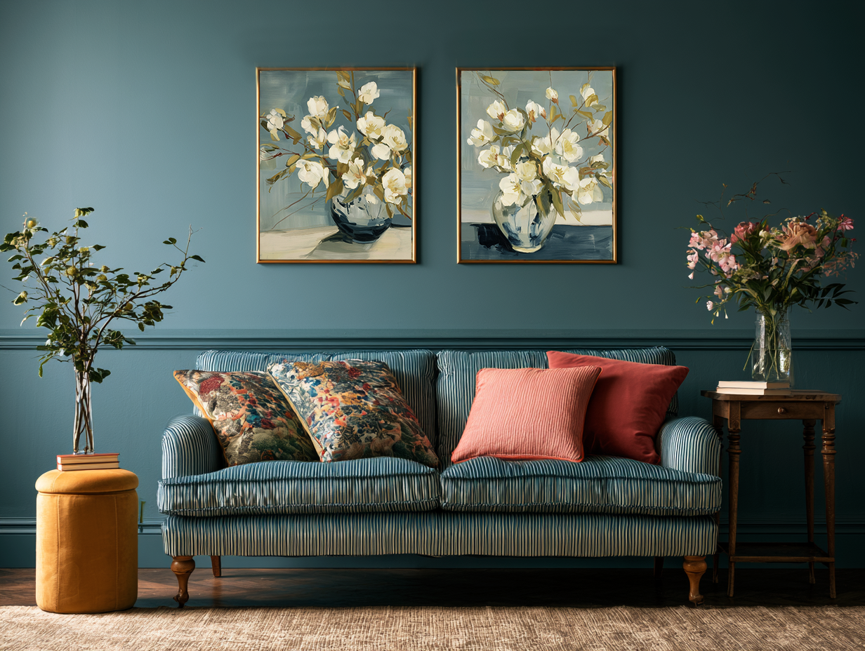 Salt Washed Bloom set II lifestyle mockup – botanical print series in a styled coastal living room