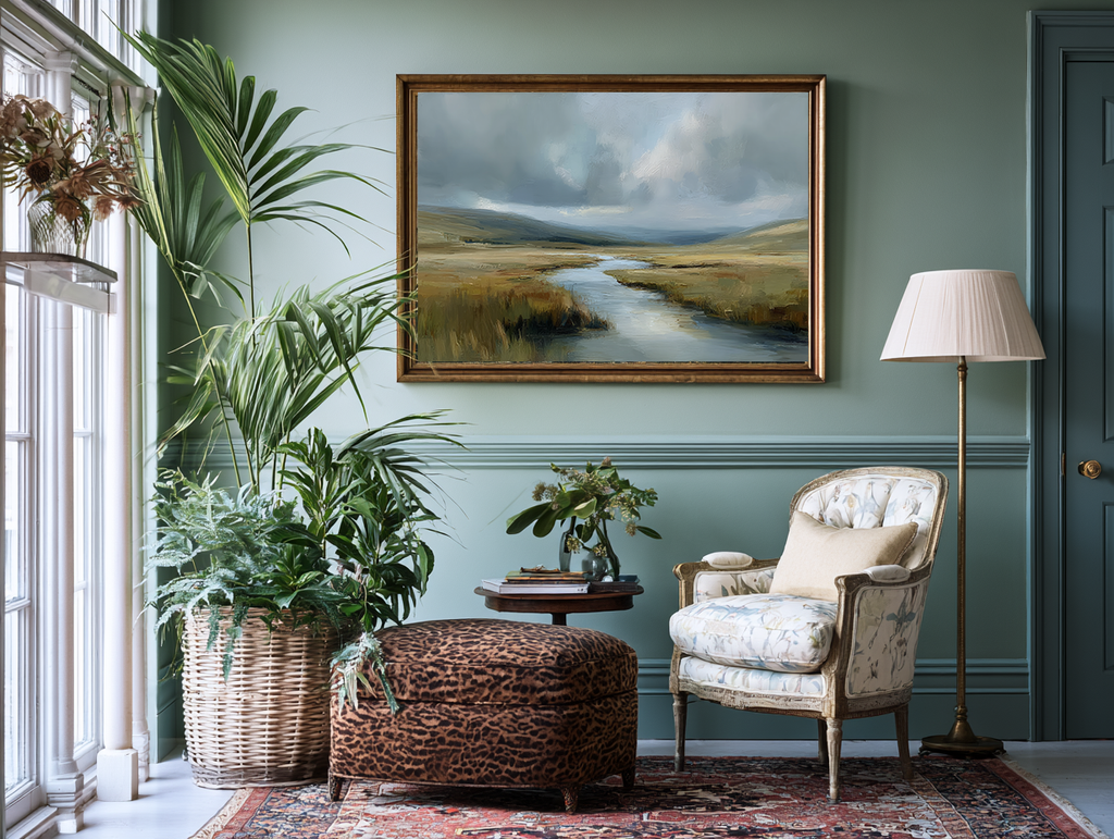 Living room with a painting of a landscape, armchair, ottoman, and plants.