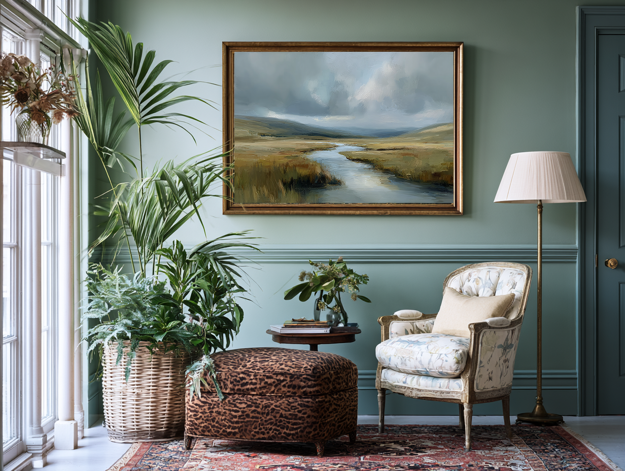 Living room with a painting of a landscape, armchair, ottoman, and plants.