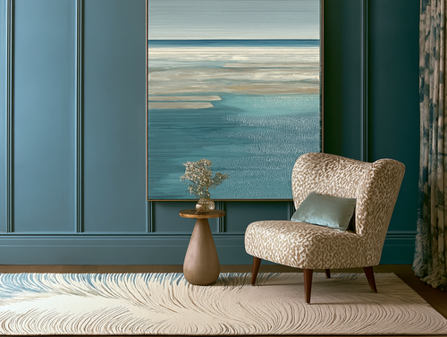 Coastal Drift I lifestyle mockup – framed seascape print above a chair in a styled interior