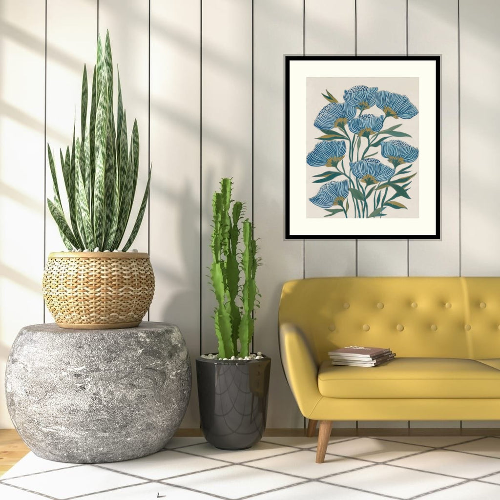 Indigo Block Study I and II set – pair of botanical fine art prints in a styled room