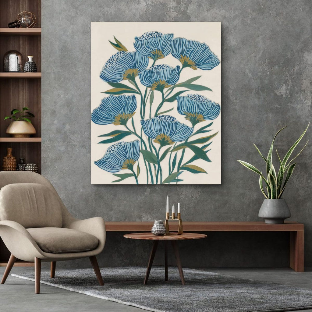 Indigo Block Study II room view – indigo floral print displayed in a home setting