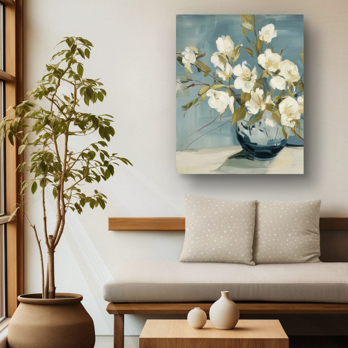 Salt Washed Bloom I lifestyle image – indigo floral print in a curated interior setting