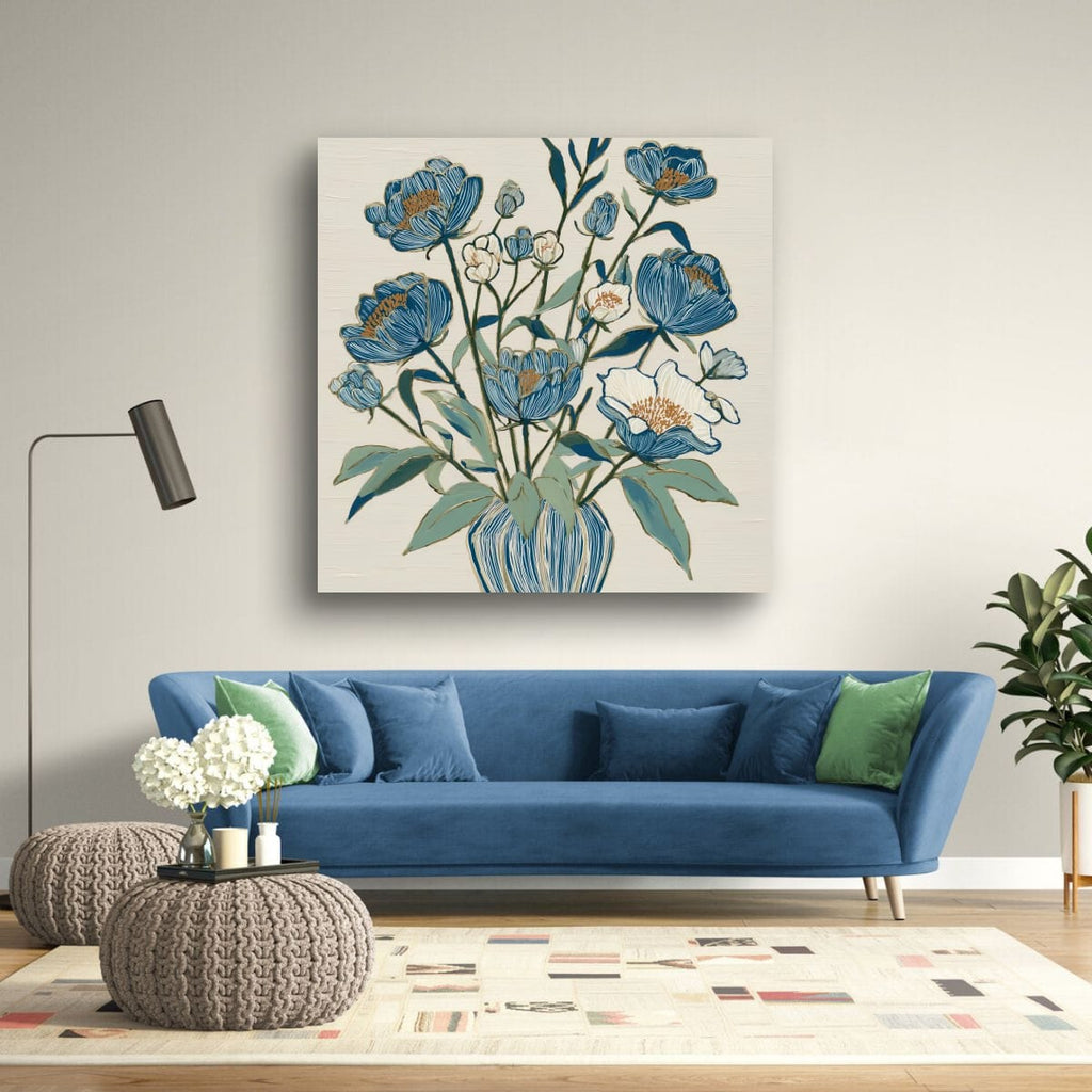 Indigo Block Study III home decor view – framed botanical print in a living room