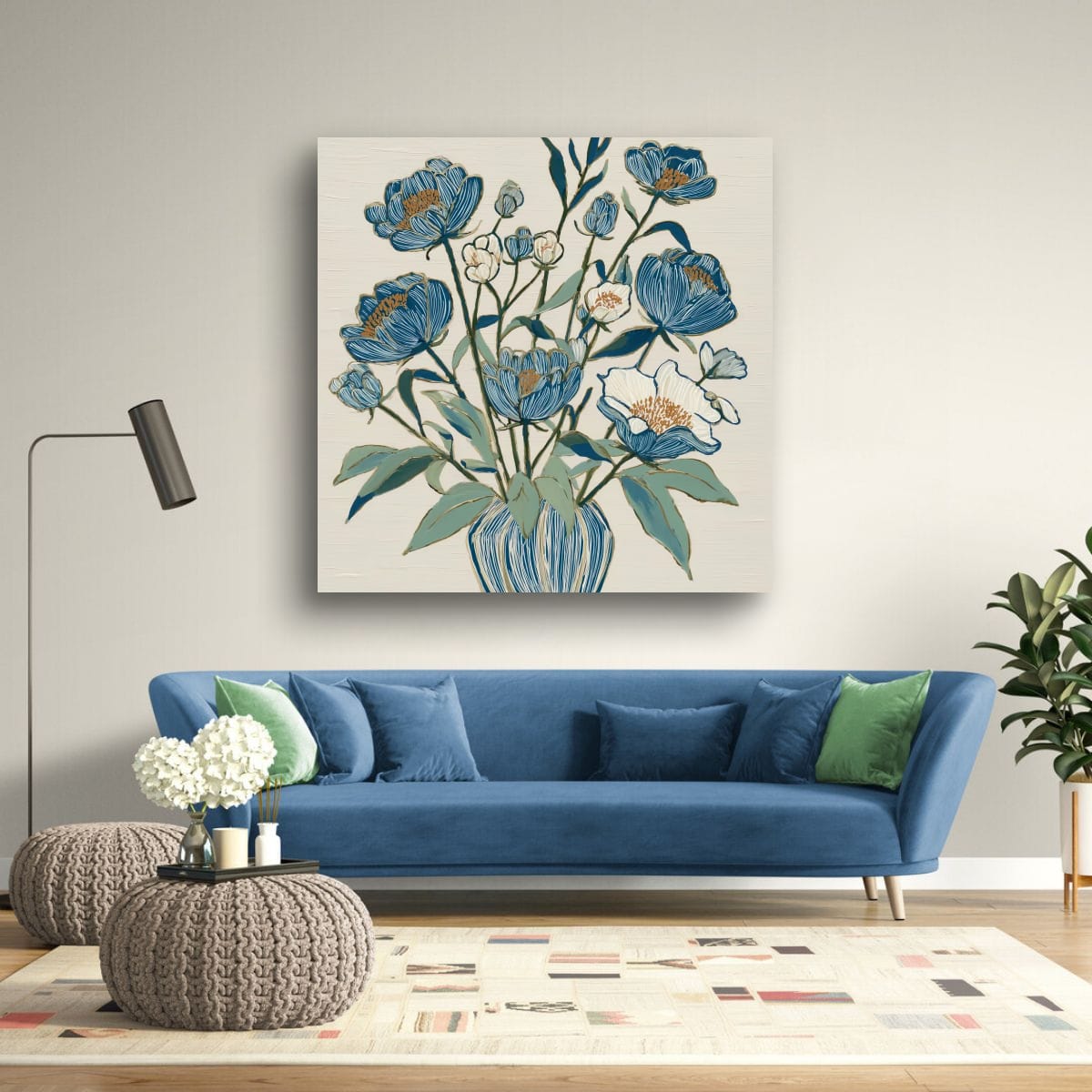 Indigo Block Study III home decor view – framed botanical print in a living room