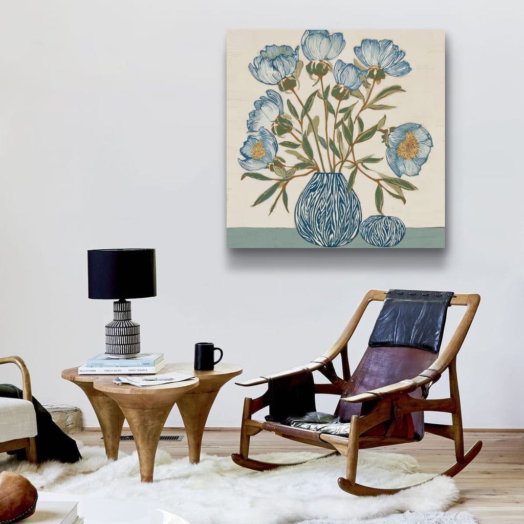 Indigo Block Study IV home decor view – botanical fine art print in a styled space