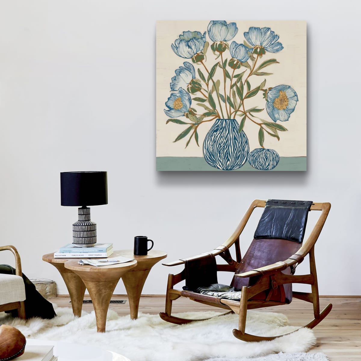 Indigo Block Study IV home decor view – botanical fine art print in a styled space