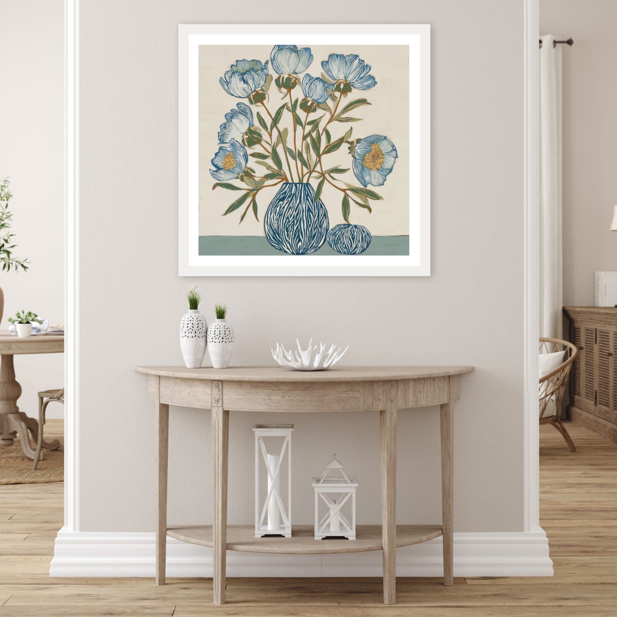 Indigo Block Study IV interior view – framed botanical print in a home setting