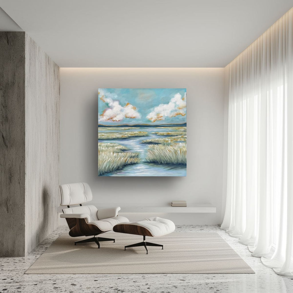 Serene Tides room view – coastal fine art print displayed in a home interior