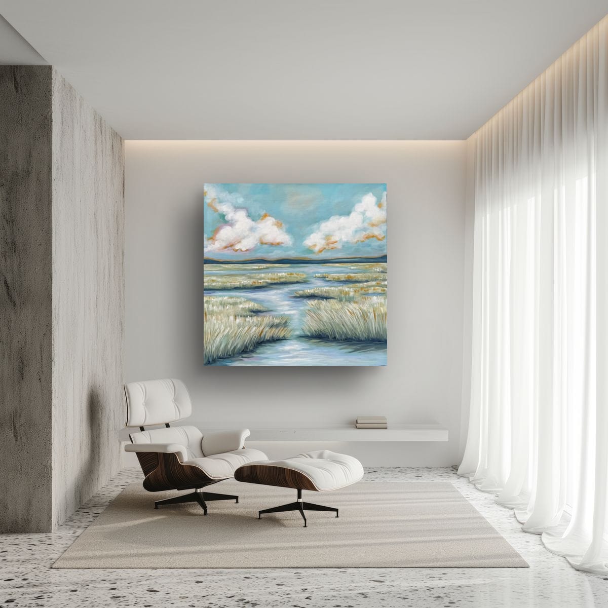 Serene Tides room view – coastal fine art print displayed in a home interior