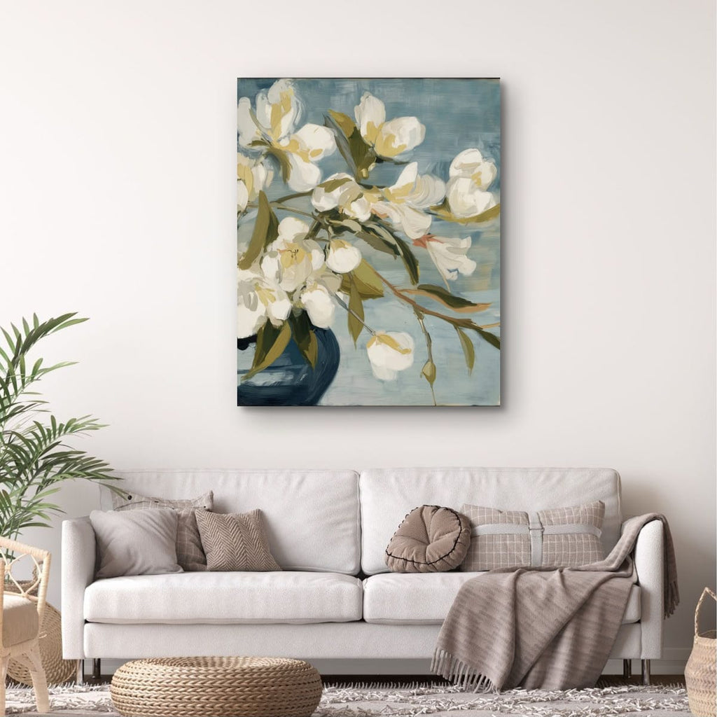 Salt Washed Bloom II room view – indigo floral print displayed in a home setting