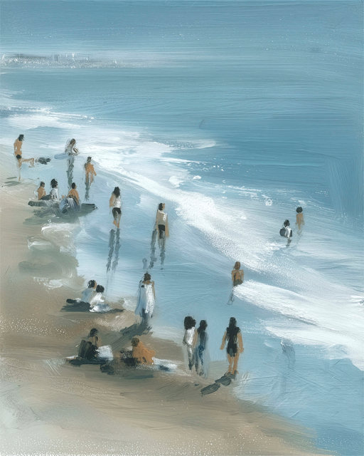 People on a beach with waves and a blue sky