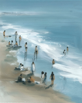 People on a beach with waves and a blue sky