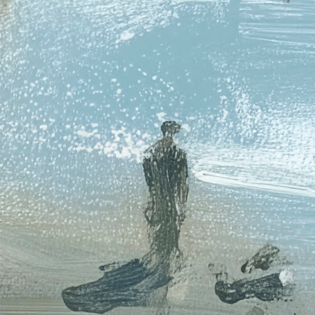 Abstract artwork with a figure and footprints on a textured surface