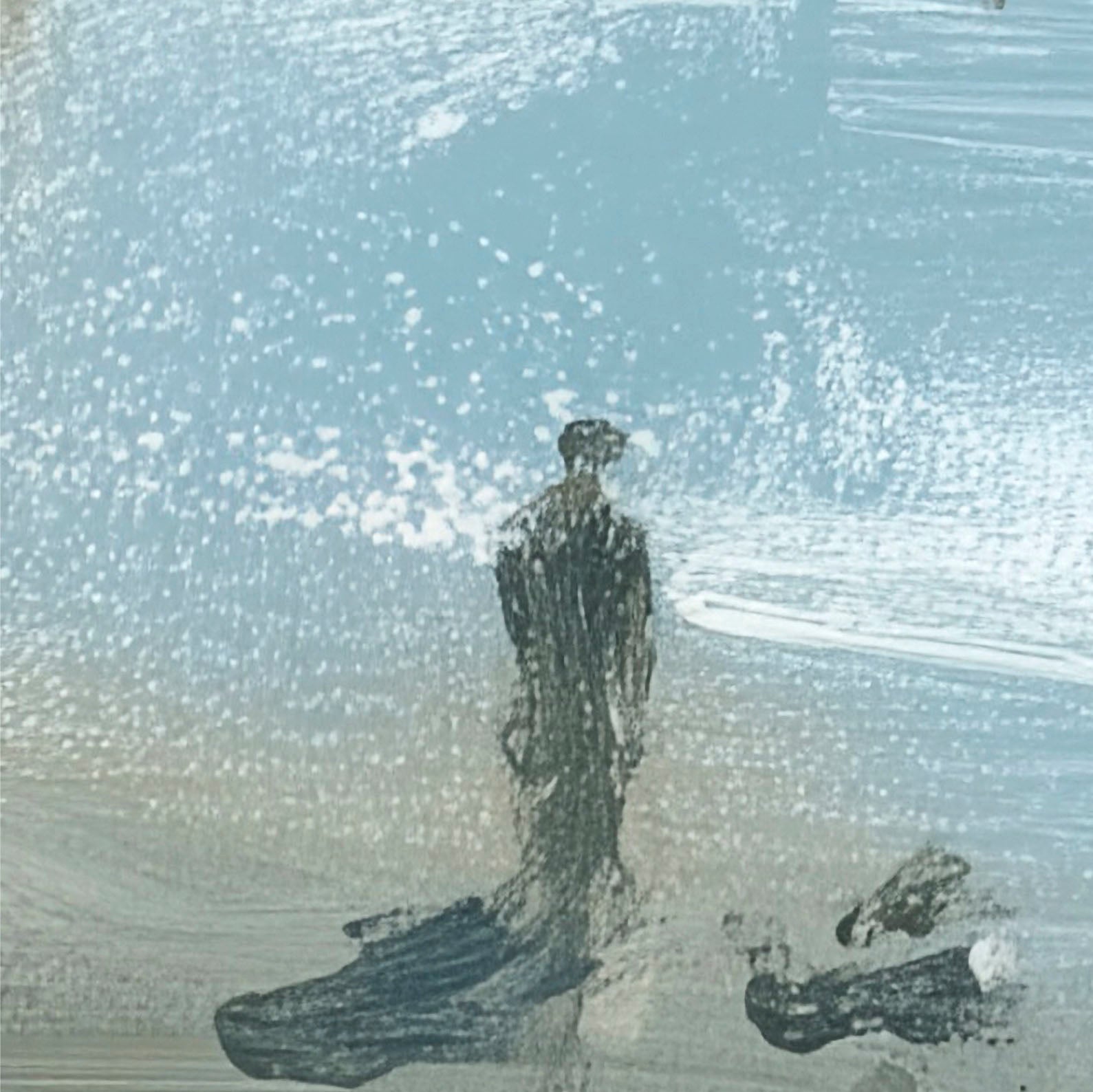 Abstract artwork with a figure and footprints on a textured surface