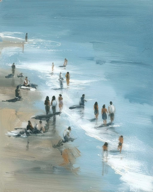 Painting of people on a beach with blue water and sand.