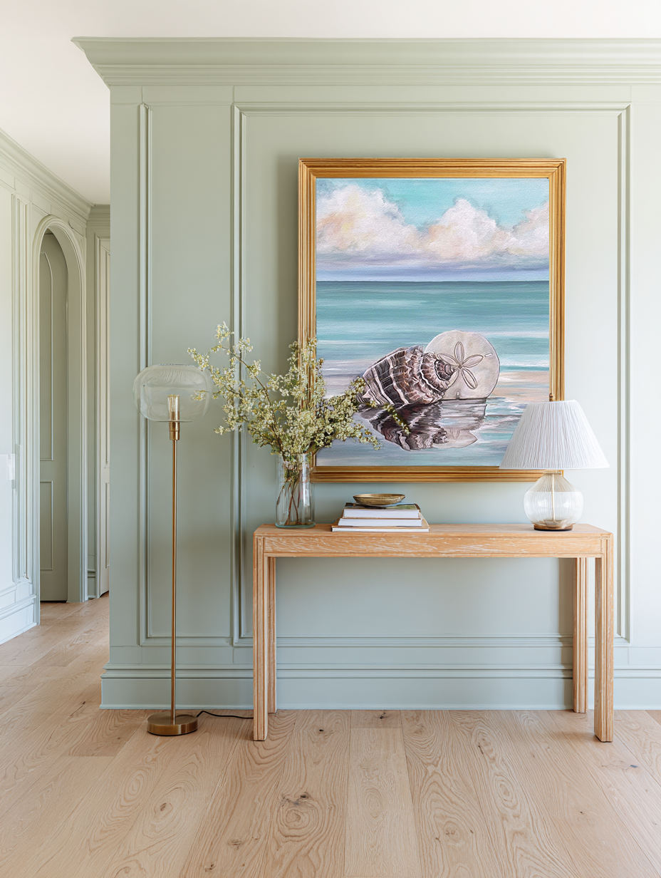 Framed artwork of a beach scene on a wall above a wooden console table.