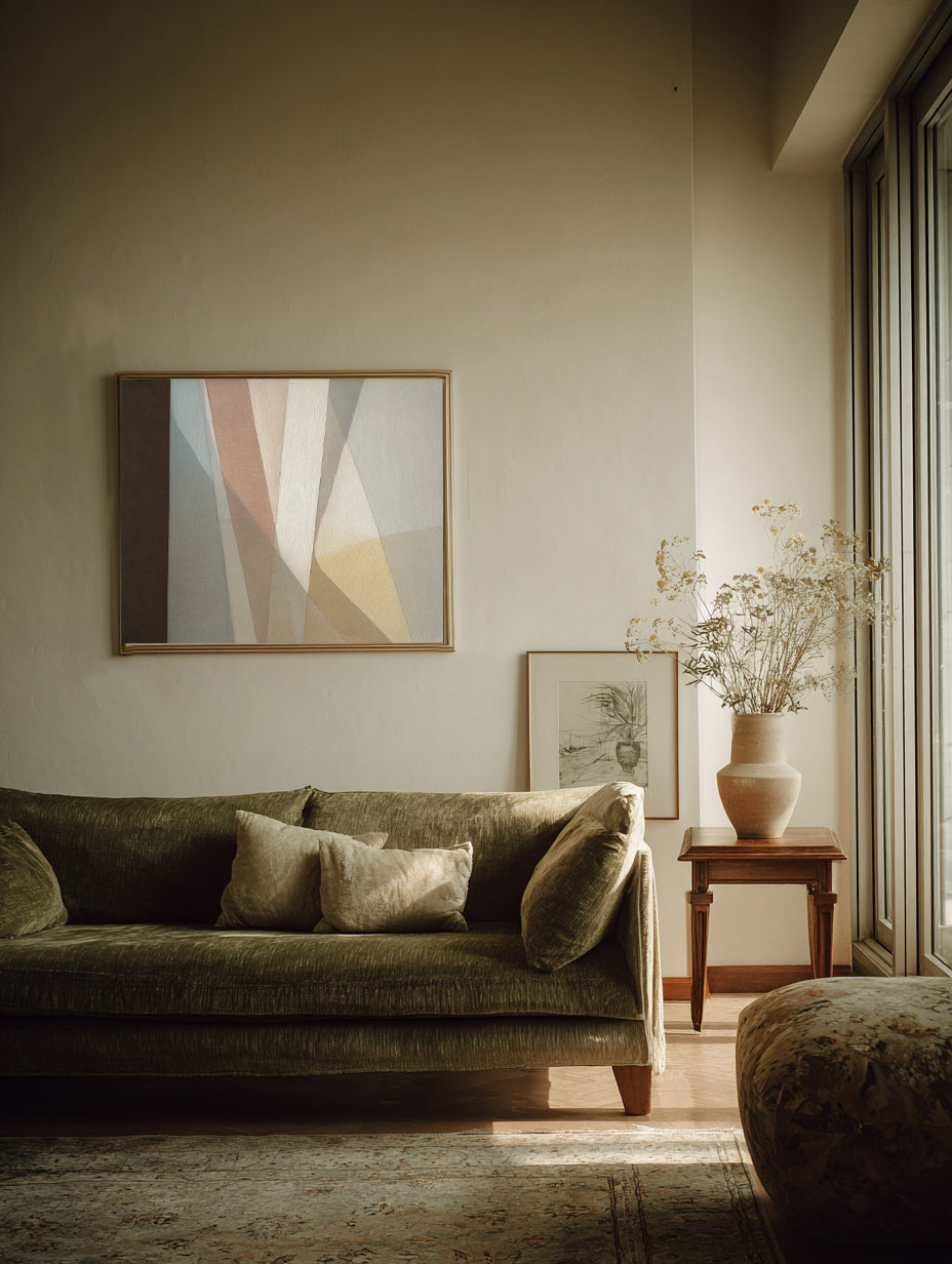 Living room with a green sofa, abstract art, and a vase with flowers.