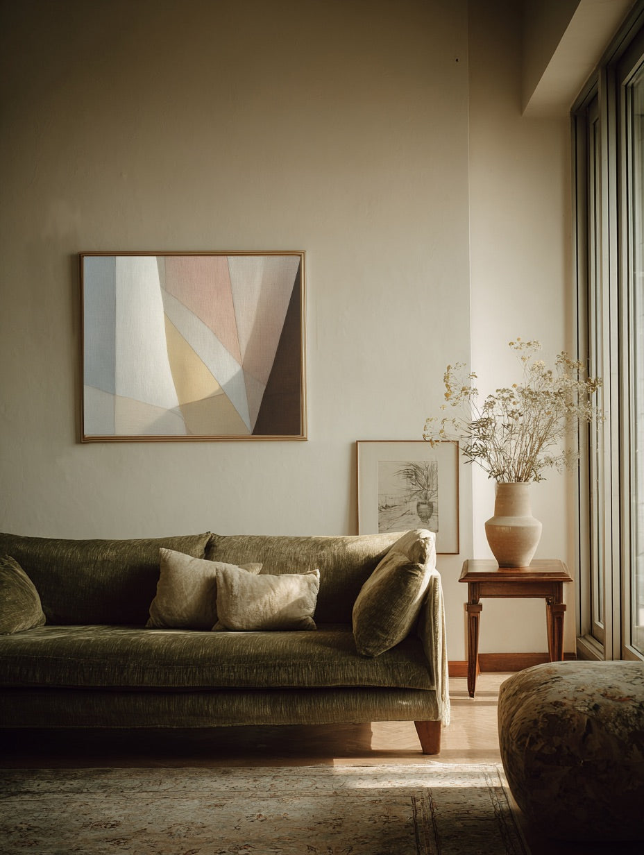 Living room with a green sofa, abstract art, and a vase with flowers.