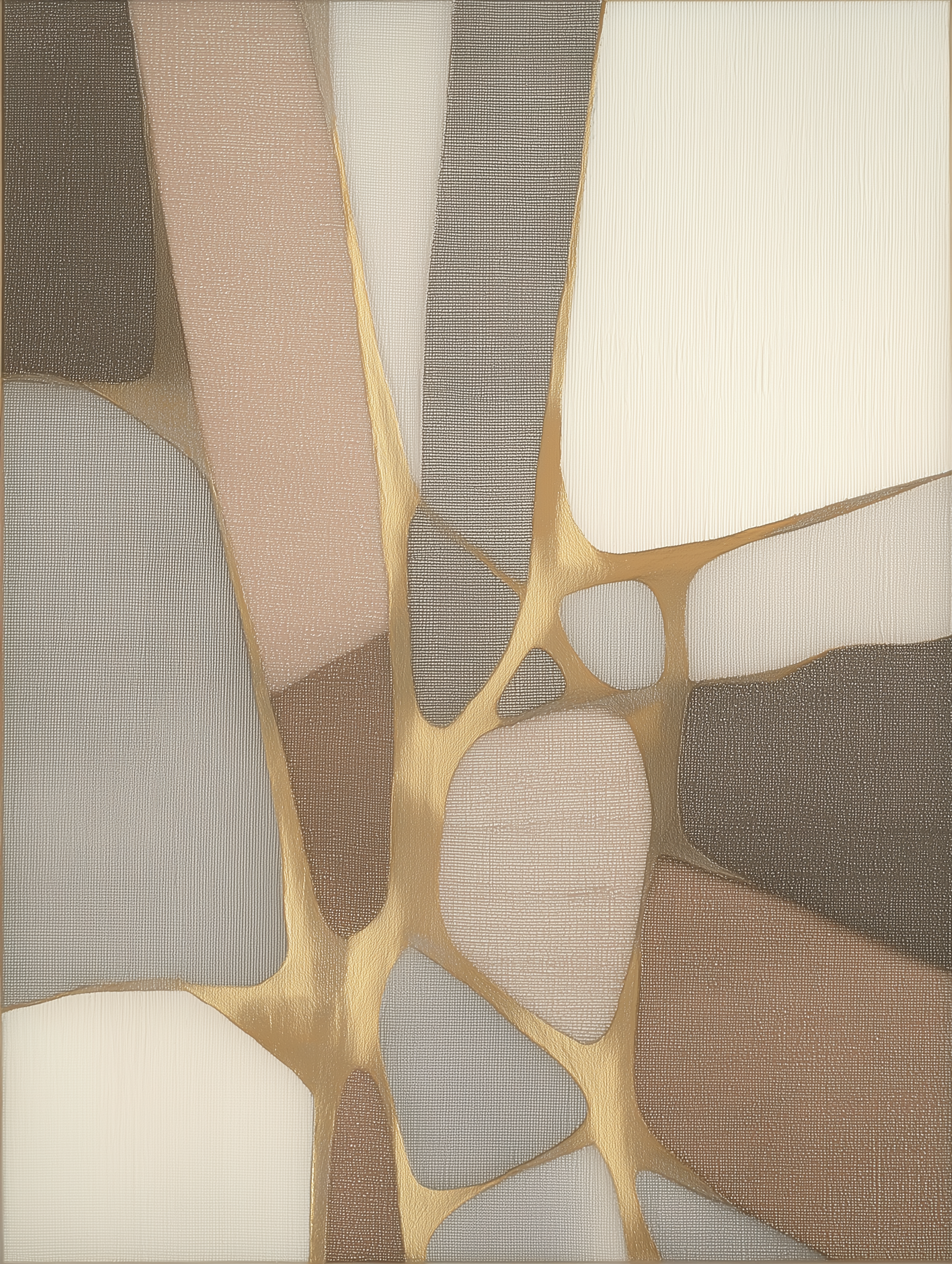 Abstract art piece with geometric shapes in earthy tones on a beige background
