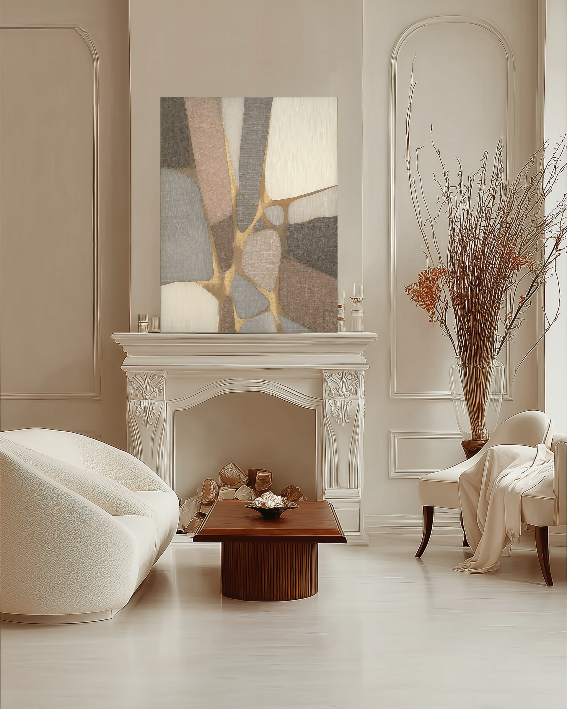 Modern living room with a fireplace, abstract art, and decorative elements.