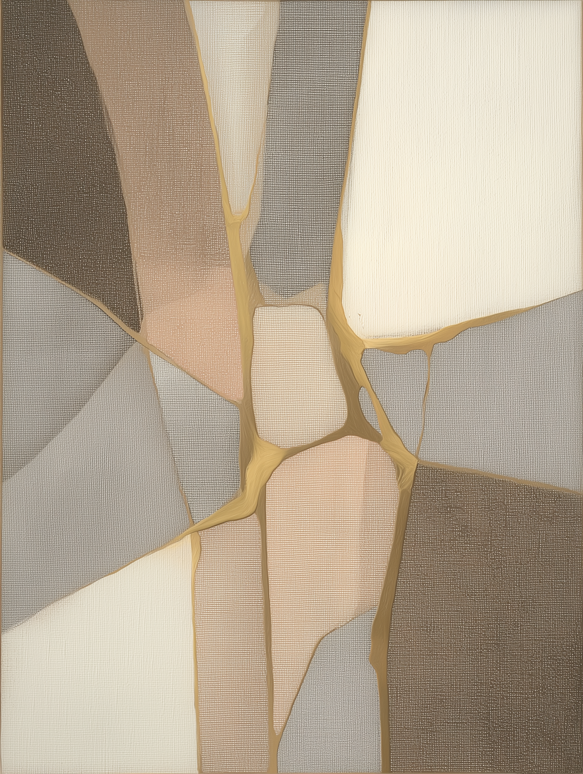 Abstract art piece with geometric shapes in earthy tones on a textured surface.