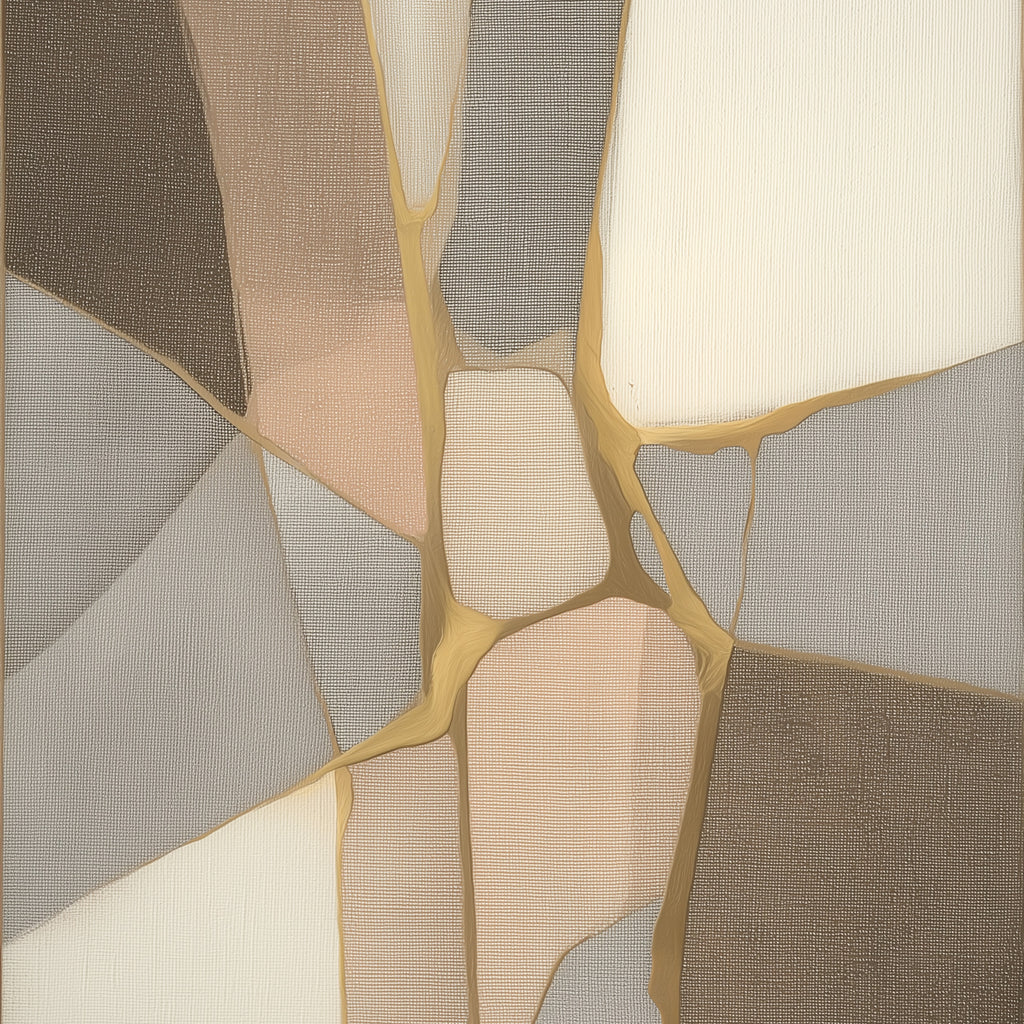 Abstract geometric design with brown, beige, and gray colors on a textured background