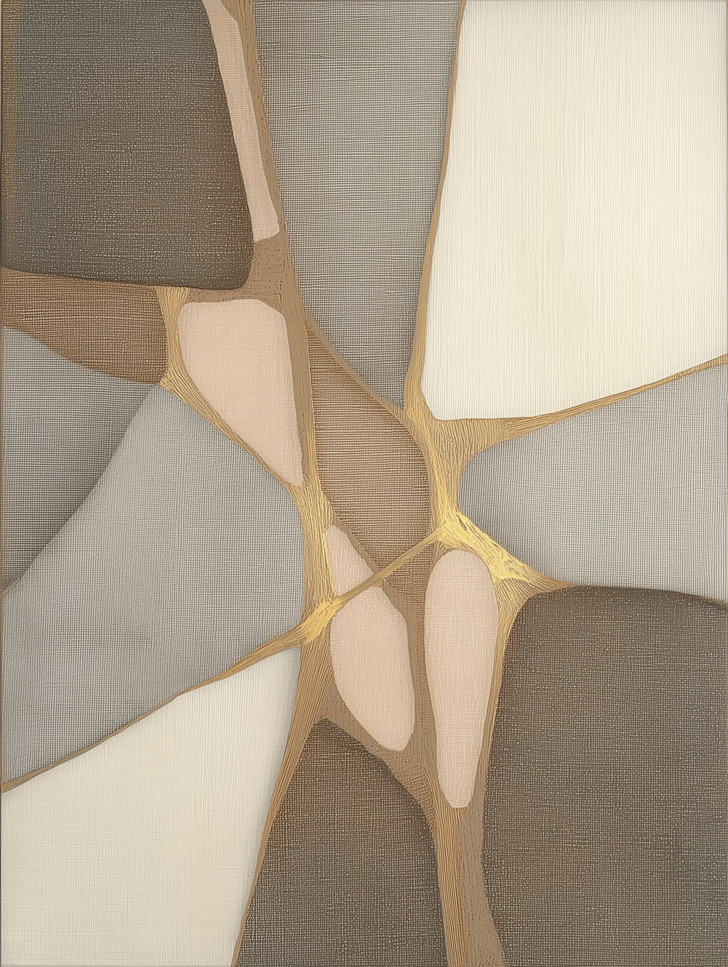 Abstract pattern with geometric shapes in brown, beige, and gold on a beige background