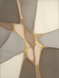 Abstract pattern with geometric shapes in brown, beige, and gold on a beige background