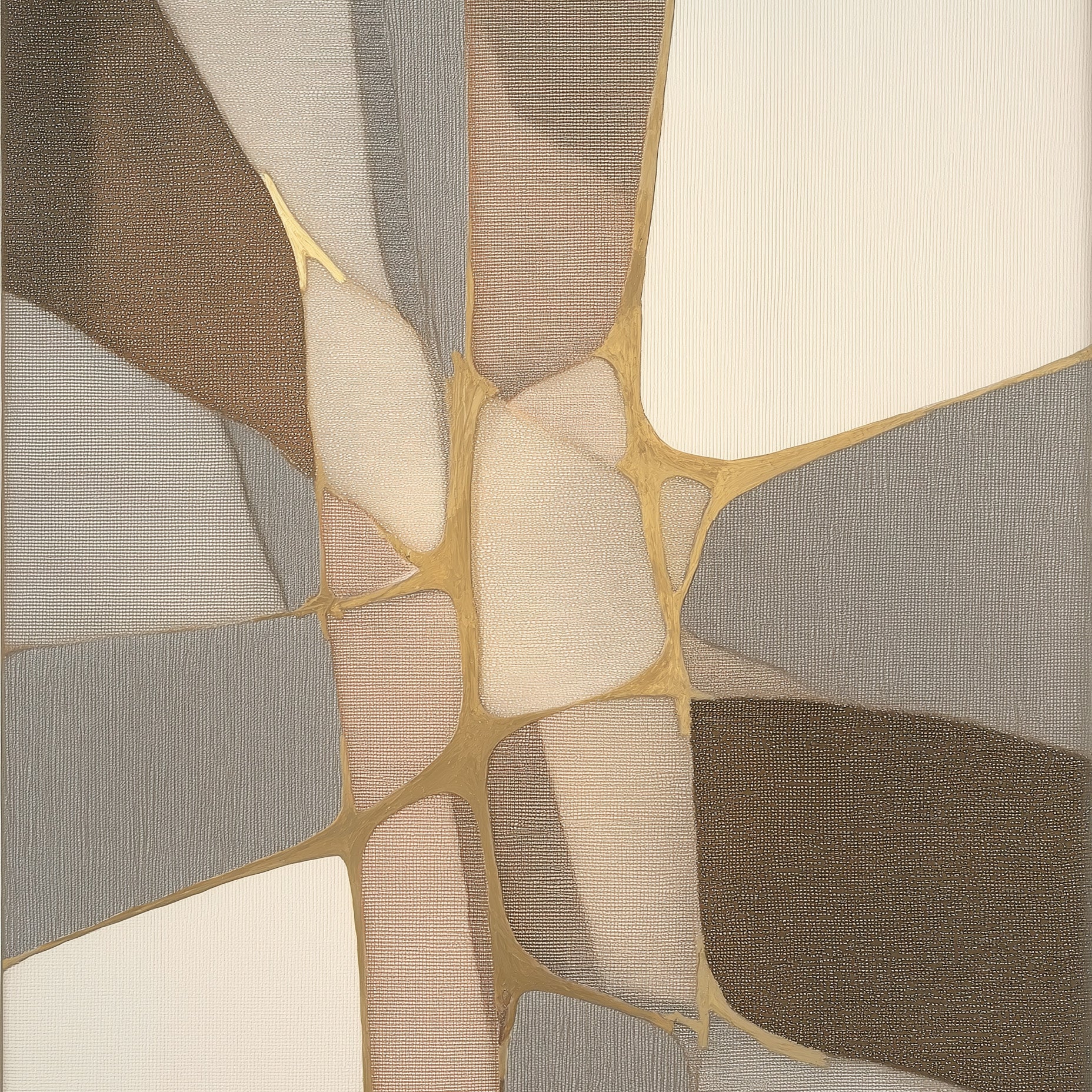 Abstract pattern with geometric shapes in brown, beige, and gray on a beige background