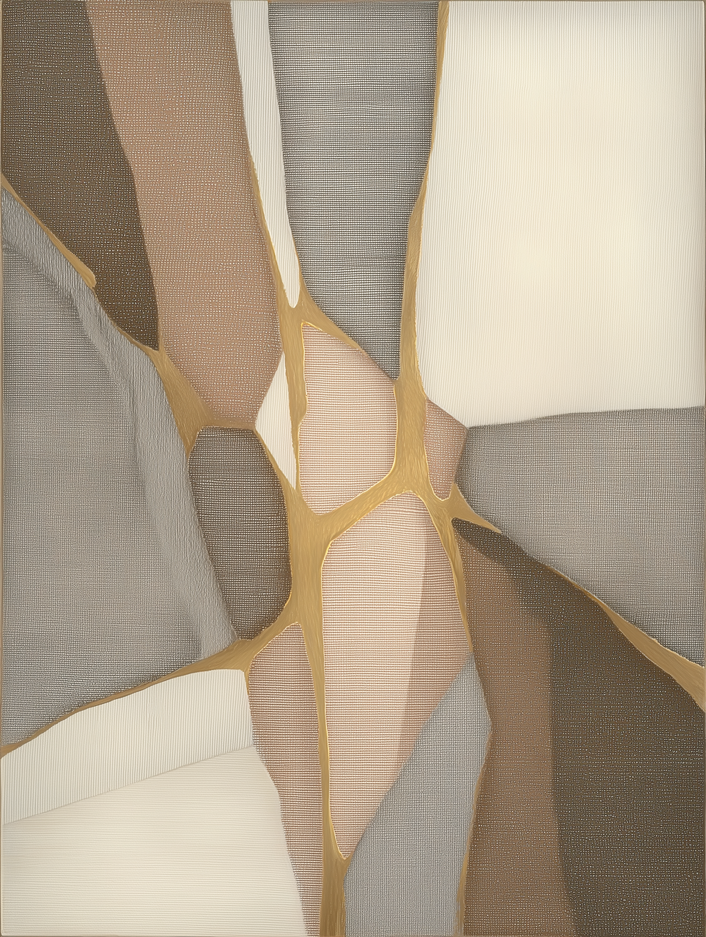 Abstract art piece with geometric shapes in brown, beige, and gray on a white background
