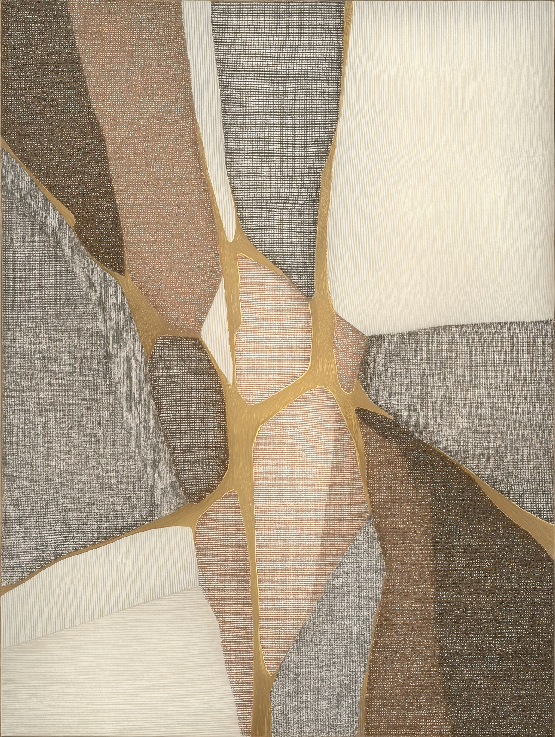 Abstract art piece with geometric shapes in brown, beige, and gray on a white background