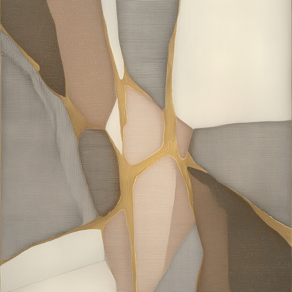 Abstract pattern with geometric shapes in brown, beige, and gray on a textured background