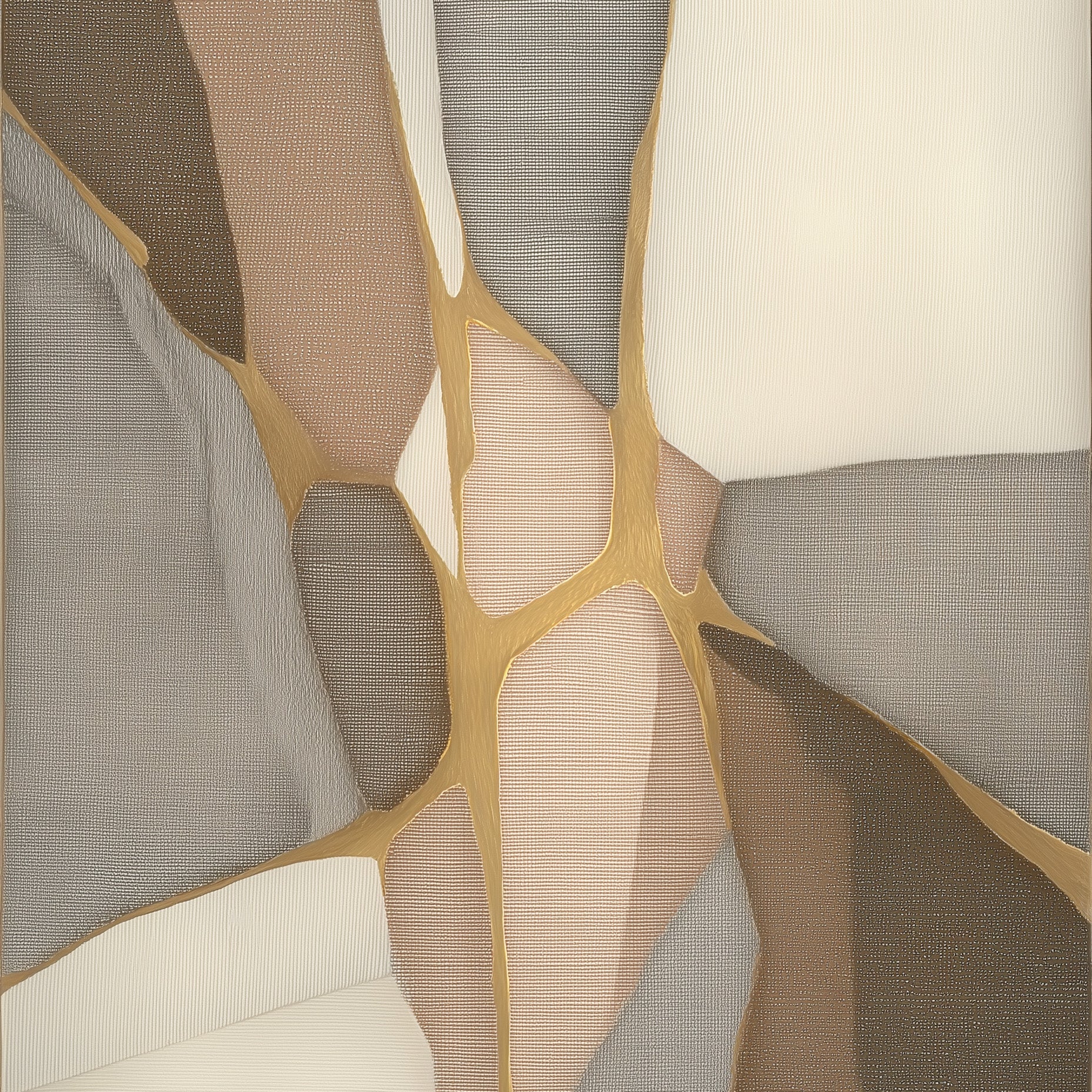 Abstract pattern with geometric shapes in brown, beige, and gray on a textured background