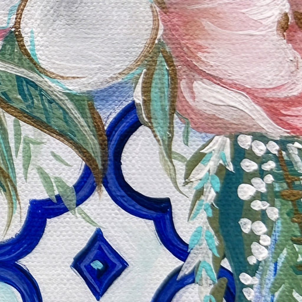 Greek Flowers detail – close-up of colorful floral arrangement in a Greek-inspired vase, painterly texture